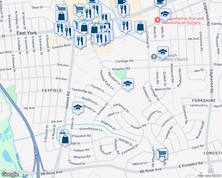 map of restaurants, bars, coffee shops, grocery stores, and more near 480 Hunting Park Lane in East York