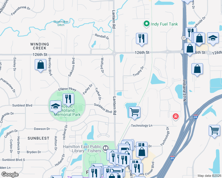 map of restaurants, bars, coffee shops, grocery stores, and more near 12465 Atwood Place in Fishers