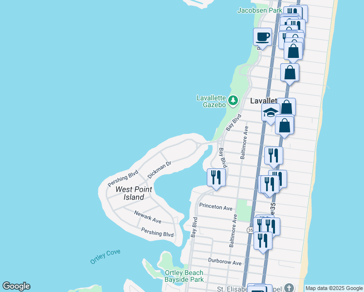 map of restaurants, bars, coffee shops, grocery stores, and more near 16 Pershing Boulevard in Lavallette