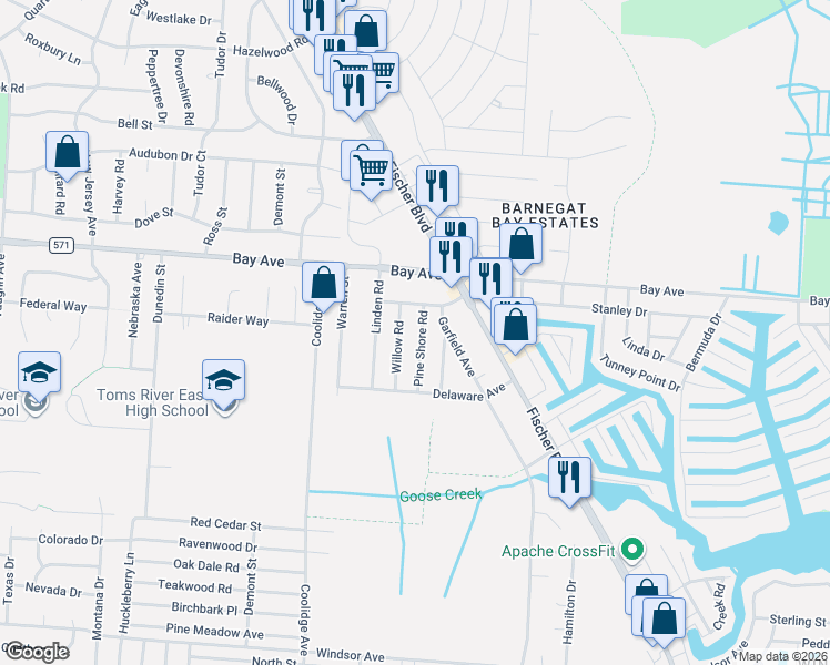 map of restaurants, bars, coffee shops, grocery stores, and more near 804 Pine Shore Rd in Toms River