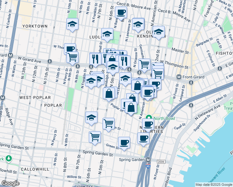 map of restaurants, bars, coffee shops, grocery stores, and more near 956 North Lawrence Street in Philadelphia
