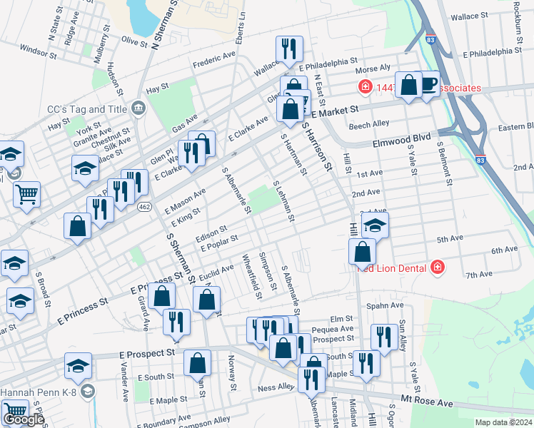 map of restaurants, bars, coffee shops, grocery stores, and more near 1022 Edison Street in York