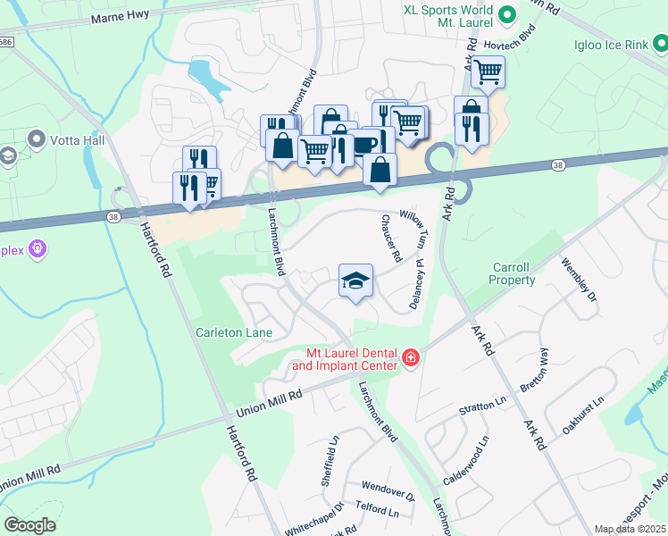 map of restaurants, bars, coffee shops, grocery stores, and more near 560A Willow Turn in Mount Laurel Township