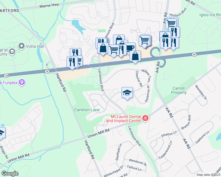 map of restaurants, bars, coffee shops, grocery stores, and more near 538B Willow Turn in Mount Laurel Township