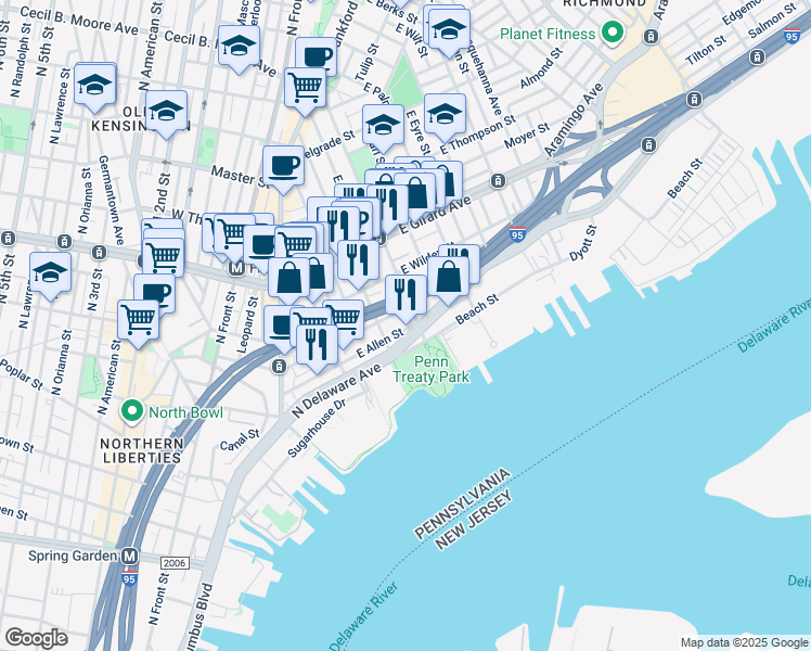 map of restaurants, bars, coffee shops, grocery stores, and more near in Philadelphia