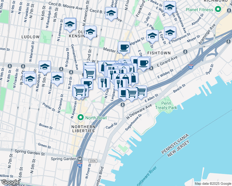 map of restaurants, bars, coffee shops, grocery stores, and more near 1113 Dunton Street in Philadelphia