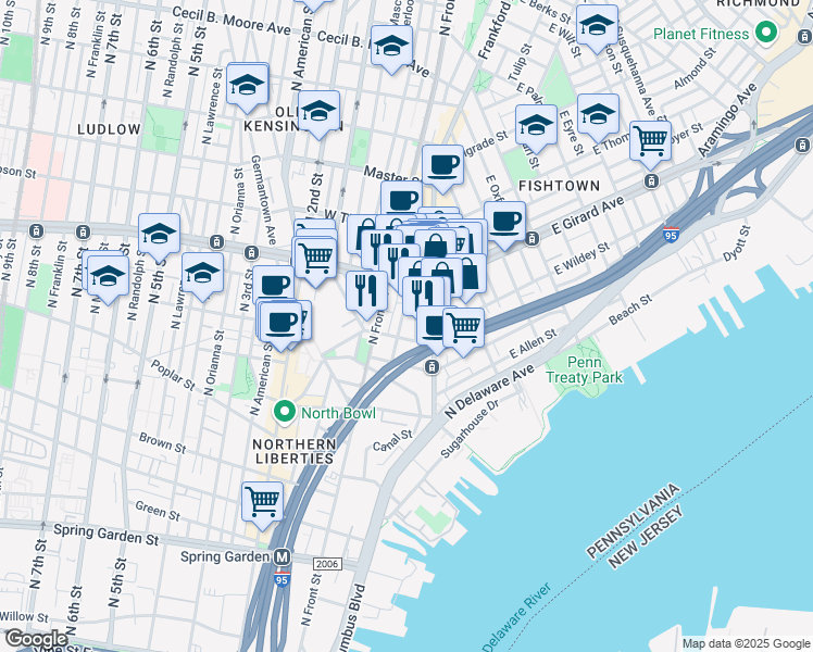 map of restaurants, bars, coffee shops, grocery stores, and more near 1113 Dunton Street in Philadelphia