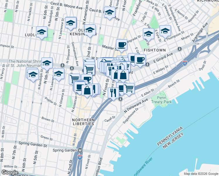 map of restaurants, bars, coffee shops, grocery stores, and more near 1101 North Front Street in Philadelphia