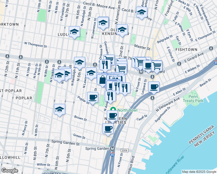 map of restaurants, bars, coffee shops, grocery stores, and more near 222 West George Street in Philadelphia