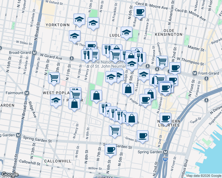 map of restaurants, bars, coffee shops, grocery stores, and more near 619 Poplar Street in Philadelphia