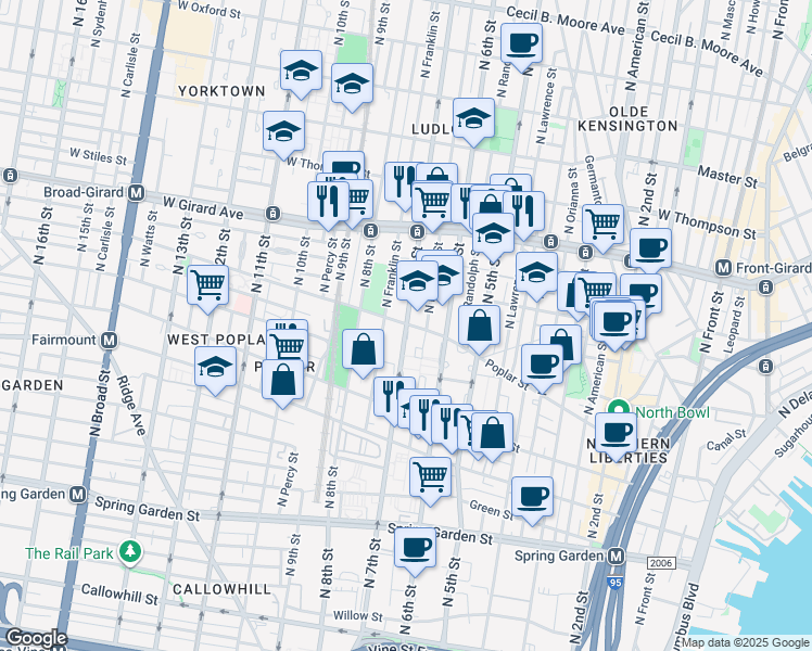 map of restaurants, bars, coffee shops, grocery stores, and more near 865 North 7th Street in Philadelphia