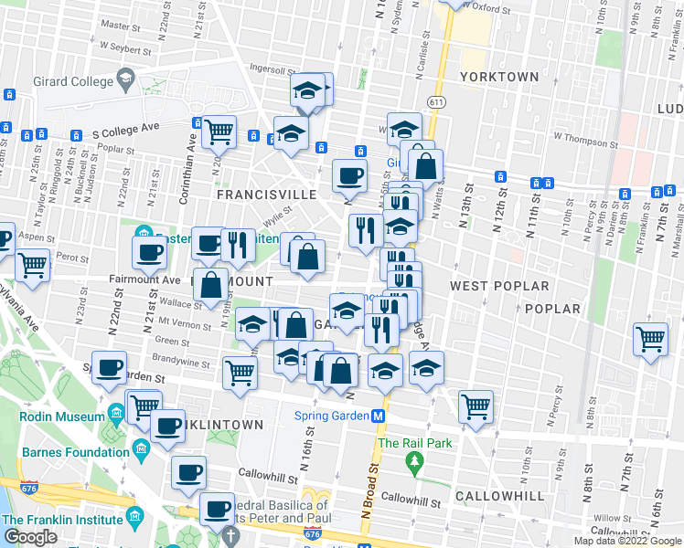 map of restaurants, bars, coffee shops, grocery stores, and more near 711 North 16th Street in Philadelphia