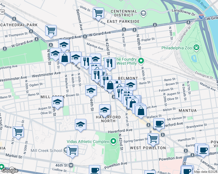 map of restaurants, bars, coffee shops, grocery stores, and more near in Philadelphia