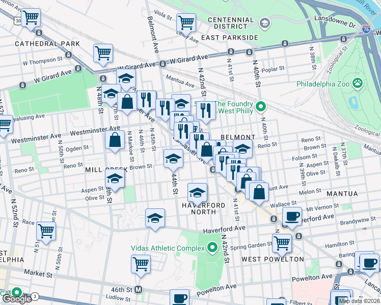 map of restaurants, bars, coffee shops, grocery stores, and more near in Philadelphia