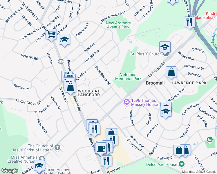 map of restaurants, bars, coffee shops, grocery stores, and more near 2030 Springhouse Road in Broomall