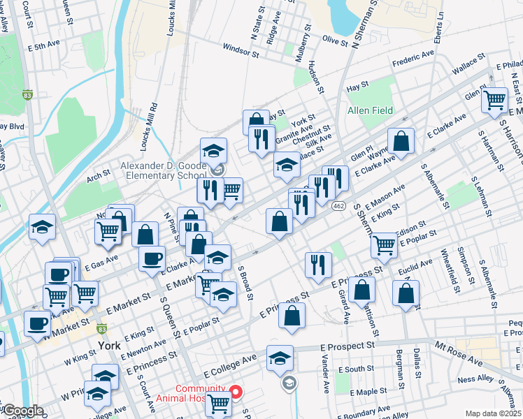 map of restaurants, bars, coffee shops, grocery stores, and more near 506 East Philadelphia Street in York
