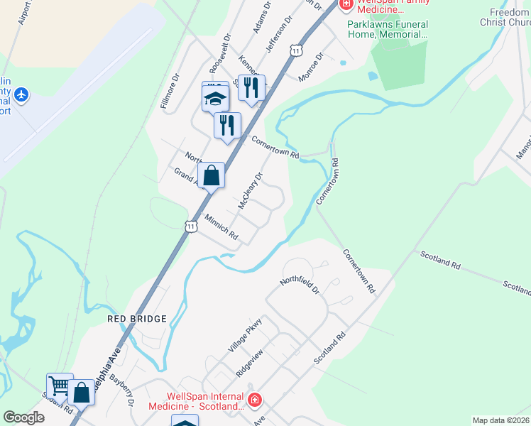 map of restaurants, bars, coffee shops, grocery stores, and more near 2358 McCleary Drive in Chambersburg
