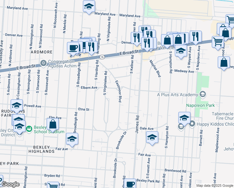 map of restaurants, bars, coffee shops, grocery stores, and more near 187 Eastmoor Boulevard in Columbus
