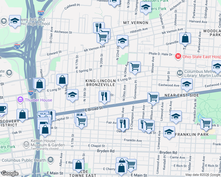 map of restaurants, bars, coffee shops, grocery stores, and more near 94 North 21st Street in Columbus