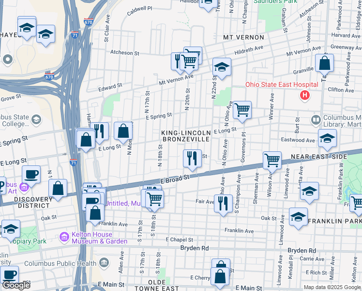 map of restaurants, bars, coffee shops, grocery stores, and more near 95 North 20th Street in Columbus