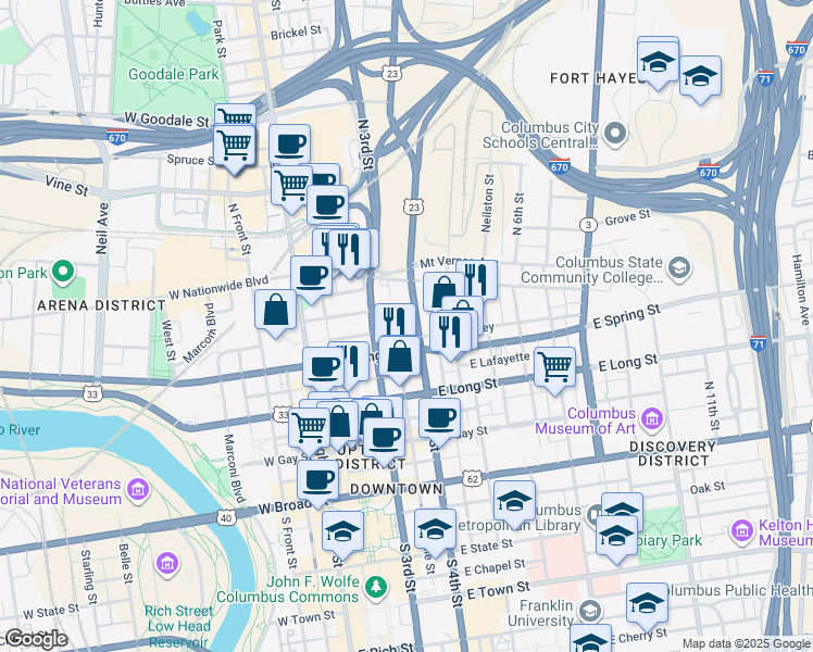 map of restaurants, bars, coffee shops, grocery stores, and more near 236 North 3rd Street in Columbus