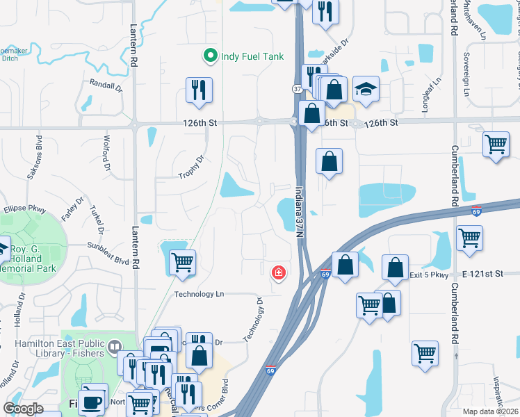 map of restaurants, bars, coffee shops, grocery stores, and more near 12381 Keeley Court in Fishers
