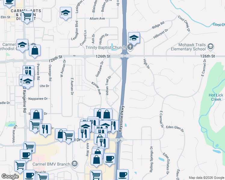map of restaurants, bars, coffee shops, grocery stores, and more near 0 West Carmel Drive in Carmel