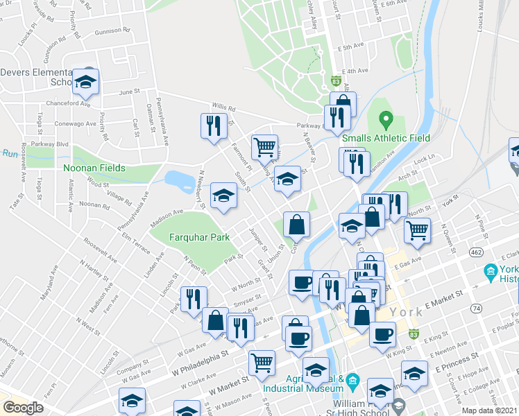 map of restaurants, bars, coffee shops, grocery stores, and more near 518 Smith Street in York