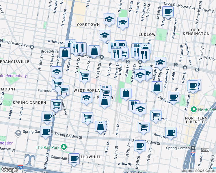 map of restaurants, bars, coffee shops, grocery stores, and more near 859 North 10th Street in Philadelphia