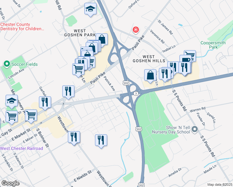 map of restaurants, bars, coffee shops, grocery stores, and more near 1 Patrick Avenue in West Chester