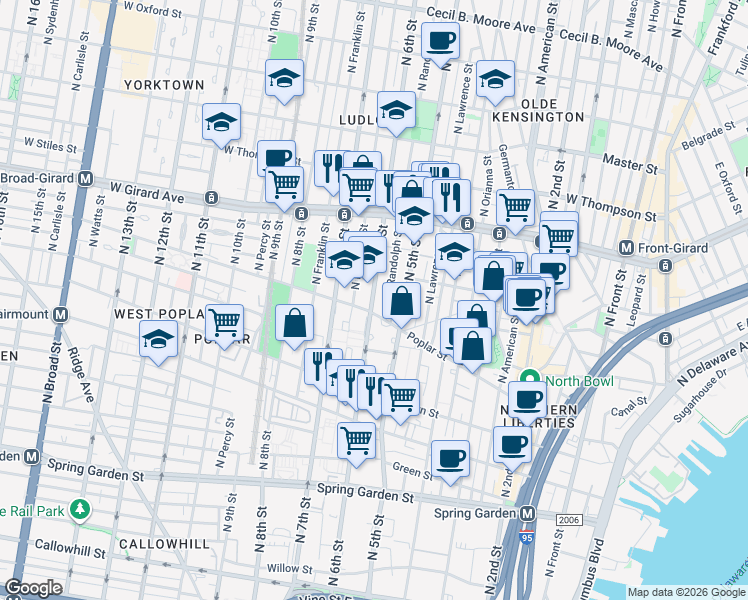 map of restaurants, bars, coffee shops, grocery stores, and more near 915 North 6th Street in Philadelphia