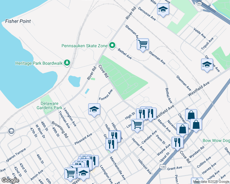 map of restaurants, bars, coffee shops, grocery stores, and more near 1521 Cove Road in Pennsauken