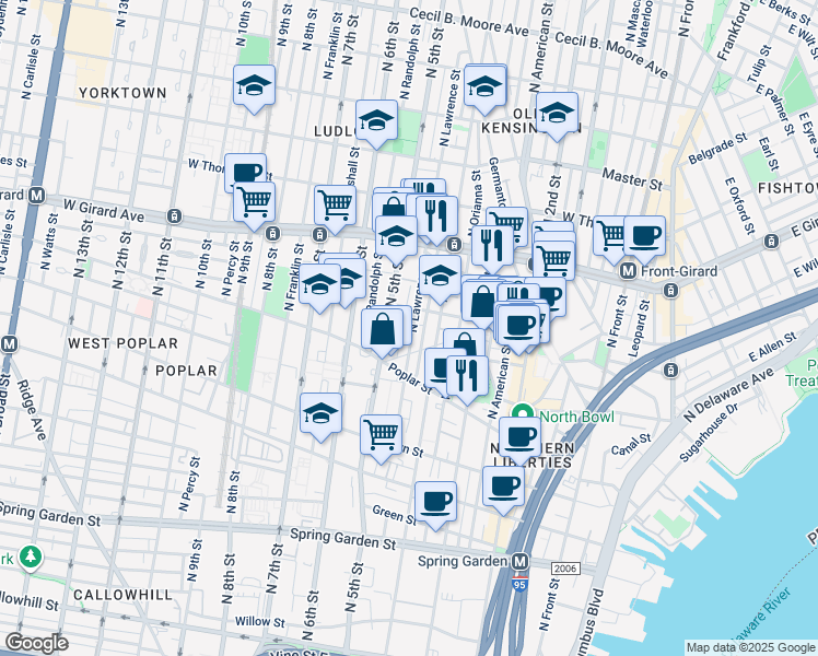 map of restaurants, bars, coffee shops, grocery stores, and more near 956 North Lawrence Street in Philadelphia
