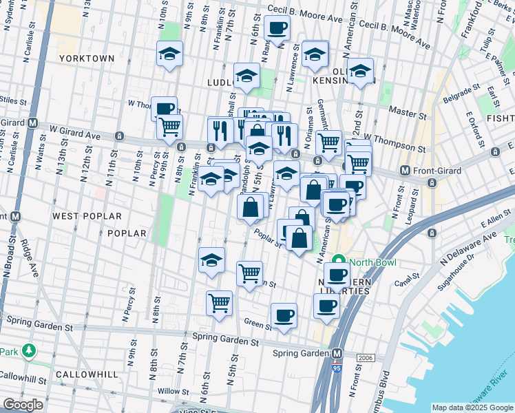 map of restaurants, bars, coffee shops, grocery stores, and more near 941 North 5th Street in Philadelphia