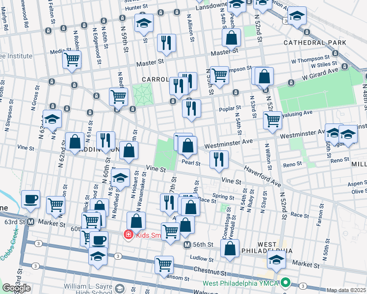 map of restaurants, bars, coffee shops, grocery stores, and more near 5625 Westminster Avenue in Philadelphia