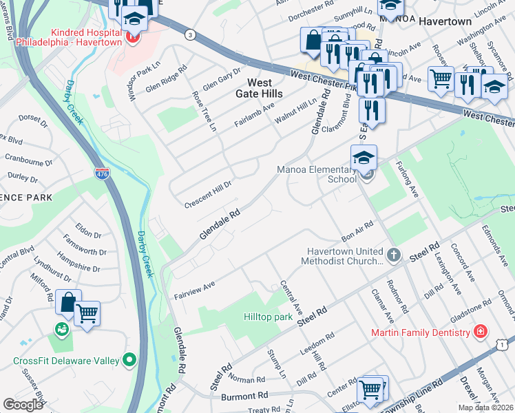 map of restaurants, bars, coffee shops, grocery stores, and more near 305 Glendale Road in Havertown