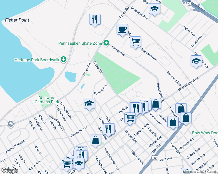map of restaurants, bars, coffee shops, grocery stores, and more near 1521 Cove Road in Pennsauken