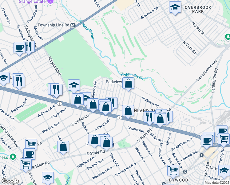 map of restaurants, bars, coffee shops, grocery stores, and more near 141 North Carol Boulevard in Delaware County