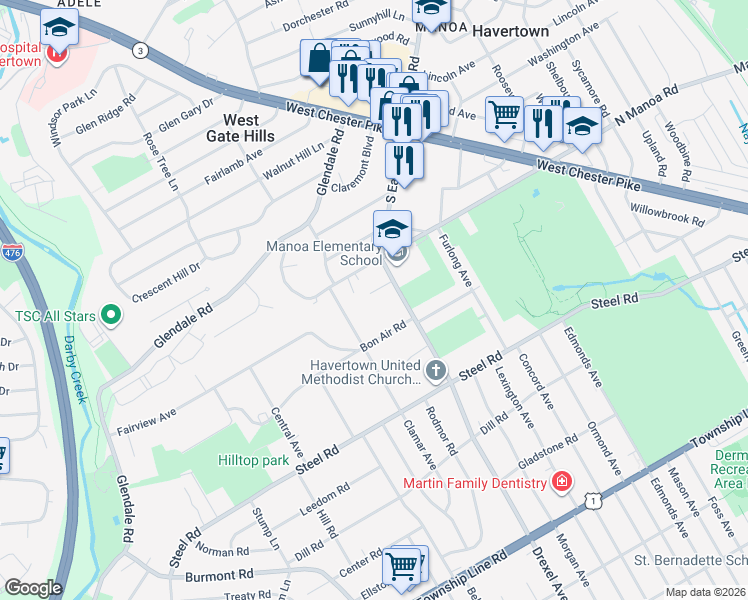 map of restaurants, bars, coffee shops, grocery stores, and more near 17 Pearson Lane in Havertown