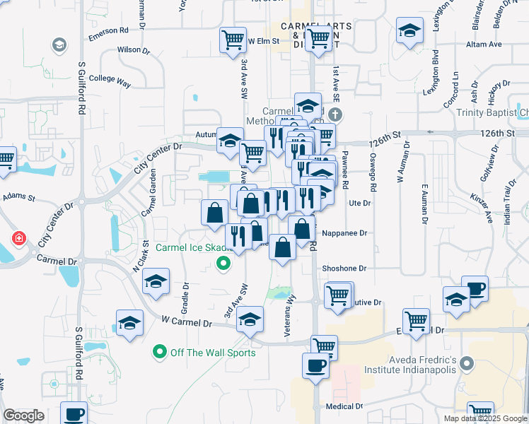 map of restaurants, bars, coffee shops, grocery stores, and more near 290 Gradle Drive in Carmel