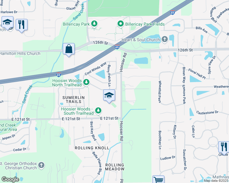 map of restaurants, bars, coffee shops, grocery stores, and more near 11203 Schoolhouse Road in Fishers