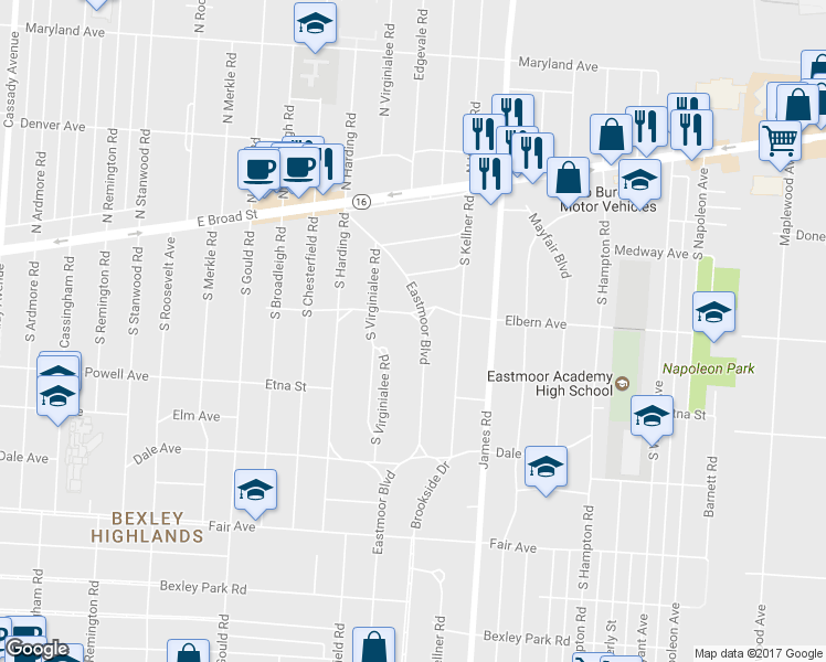map of restaurants, bars, coffee shops, grocery stores, and more near 187 Eastmoor Blvd in Columbus