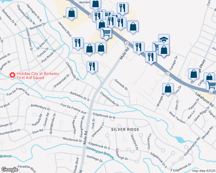 map of restaurants, bars, coffee shops, grocery stores, and more near 68 Grenada Street in Toms River