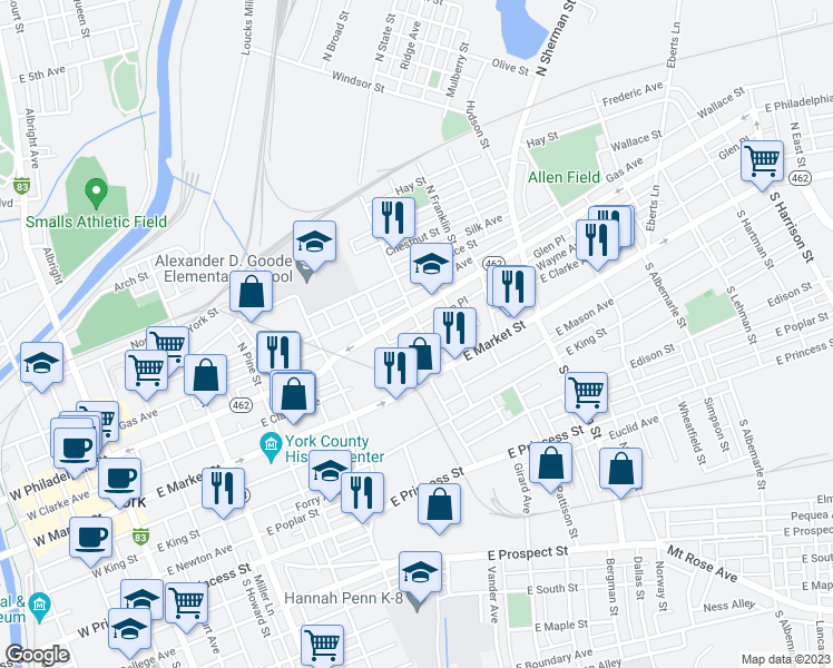 map of restaurants, bars, coffee shops, grocery stores, and more near 56 North State Street in York