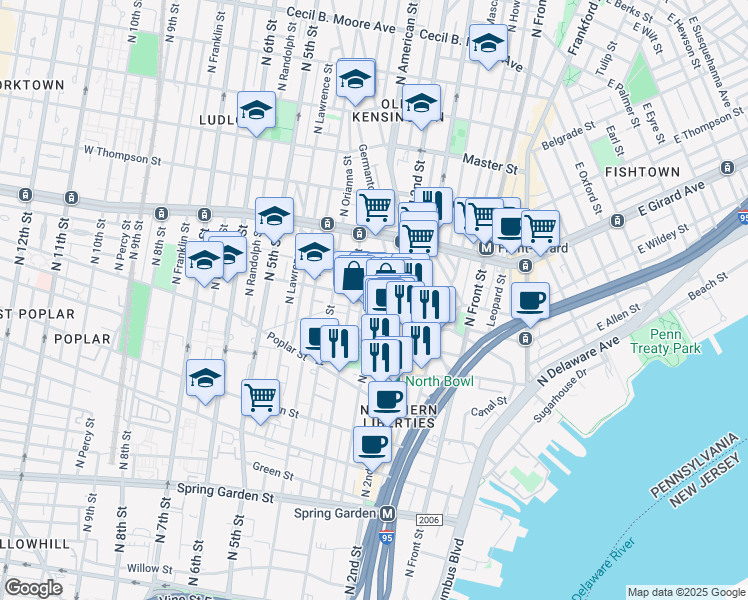 map of restaurants, bars, coffee shops, grocery stores, and more near 222 West George Street in Philadelphia