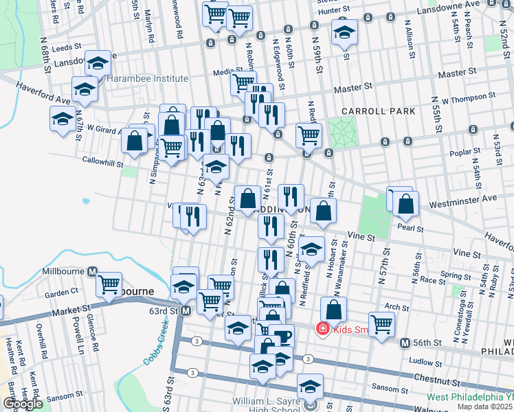 map of restaurants, bars, coffee shops, grocery stores, and more near 325 North Robinson Street in Philadelphia