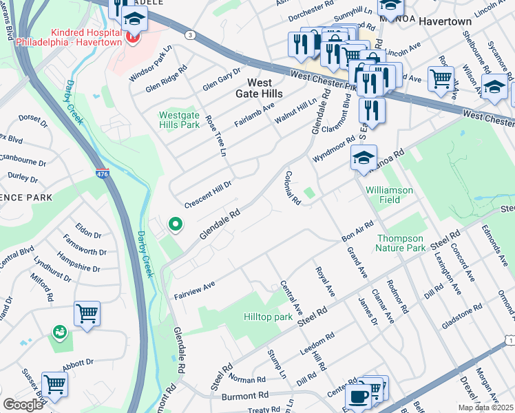 map of restaurants, bars, coffee shops, grocery stores, and more near 303 Glendale Road in Havertown