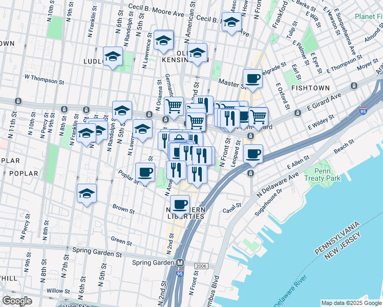 map of restaurants, bars, coffee shops, grocery stores, and more near 1075-1099 Germantown Avenue in Philadelphia
