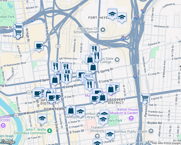 map of restaurants, bars, coffee shops, grocery stores, and more near 192n North Grant Avenue in Columbus