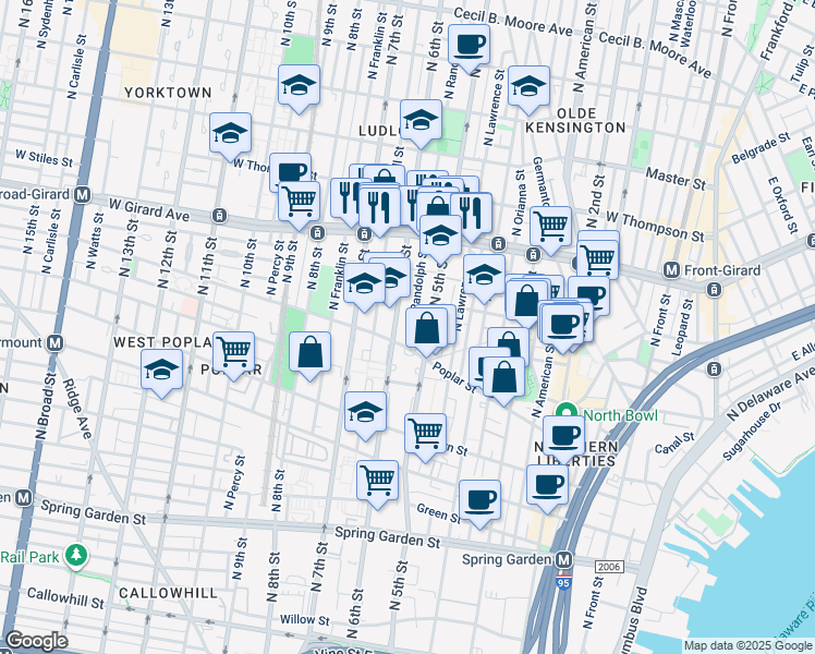 map of restaurants, bars, coffee shops, grocery stores, and more near 922 North Randolph Street in Philadelphia